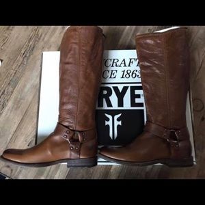 Frye Phillip tall boots in cognac leather.